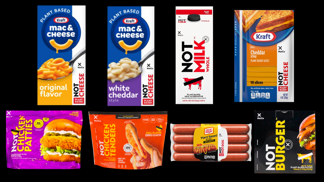 Image of The Kraft Heinz Not Co plant-based mac & cheese, not milk, not cheese, not chicken patties, not chicken tenders, not Oscar Mayer hot dogs, and Not burgers